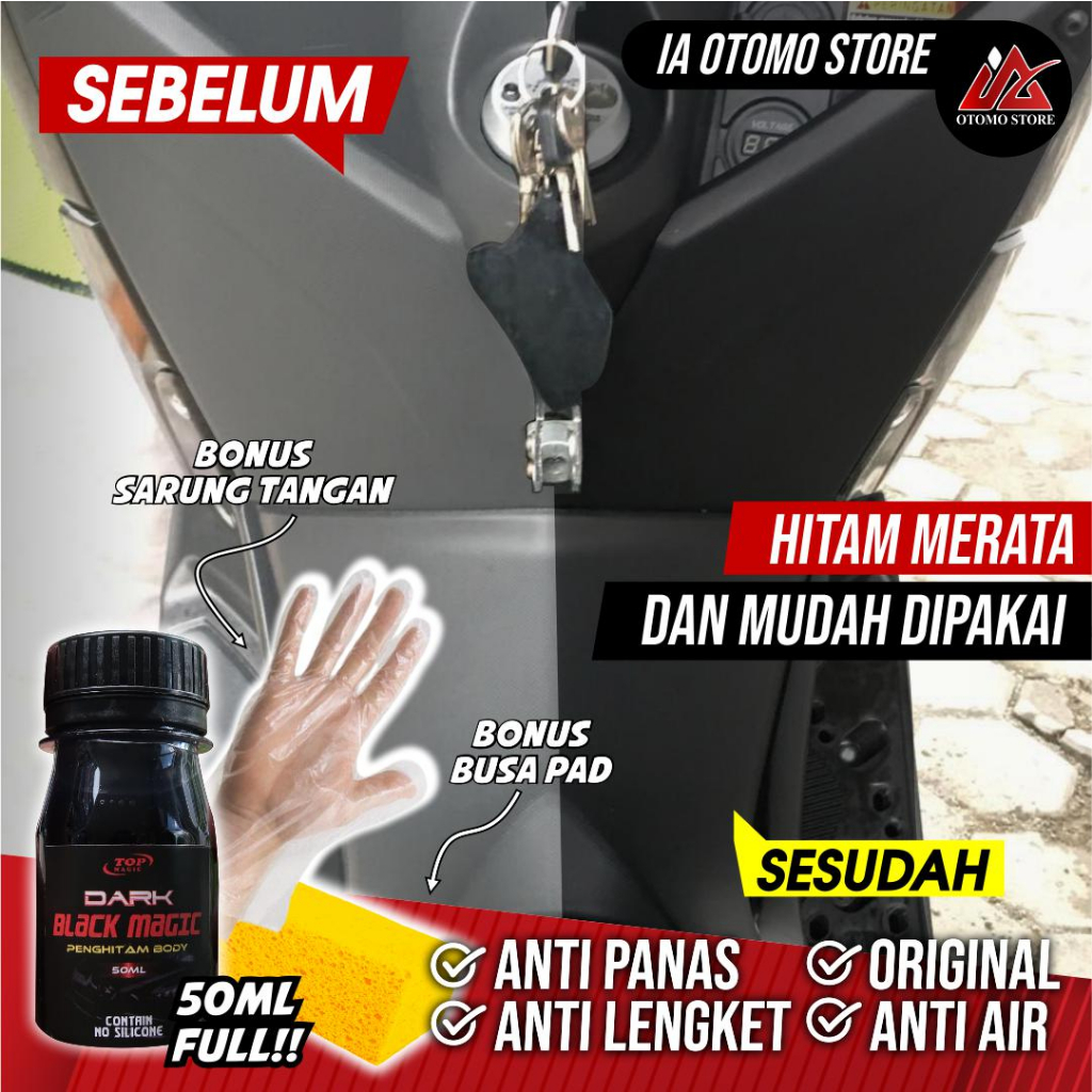 Penghitam Body Motor Permanen Penghitam Body Kasar Black Magic Penghitam bodi Motor Dashboard mobil Penghitam Motor Pemanen Body Mobil Top Dark Black Magic Penghitam Bodi Motor Kasar Pemanen 50ml Bonus Busa Dan Sarung Tangan IA Otomo Store