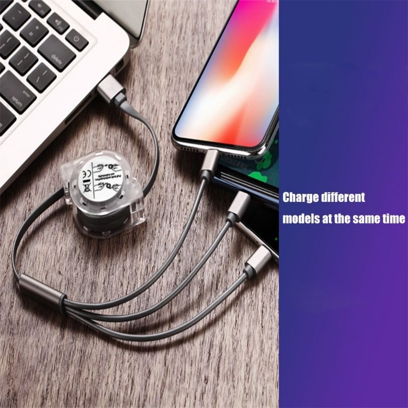 Kabel Charger 3 in 1 Retractable Micro USB + Lightning + USB Type C