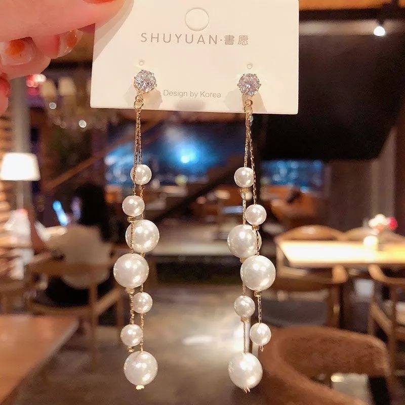 FerenHongXia Anting Tusuk Gantung Anting Hijab Wanita Tusuk Mutiara Kristal Women Earrings Korea