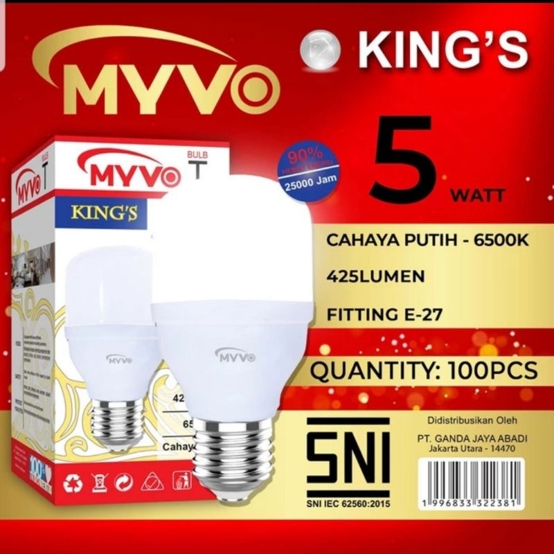 Lampu Led MYVO KING'S 5 Watt 5W Cahaya Putih 6500K &amp; Cahaya Kuning 3000K Garansi 1 Tahun