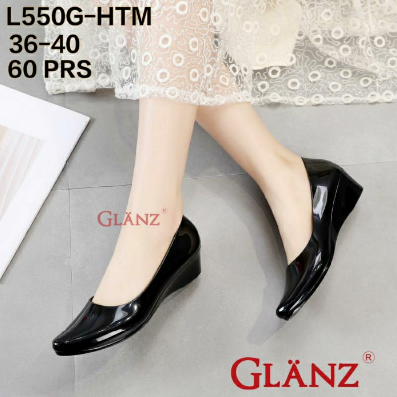 L550-2 Sepatu Wedges Wanita Jelly Kilap Glossy Glanz Sepatu Kerja Cewek Import Lentur Elegant Nyaman L550G Pantofel PVC Karet Perempuan Glanzton Tinggi L550 Sekolah Impor 550