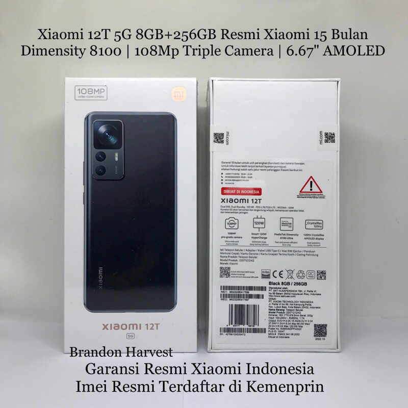 Xiaomi 12T 5G | 8GB+256GB | Dimensity 8100-Ultra | 108Mp Triple Camera | 6.67&quot; AMOLED | NFC | Li-Po 5000mAh | Garansi Resmi Xiaomi Indonesia 24 Bulan