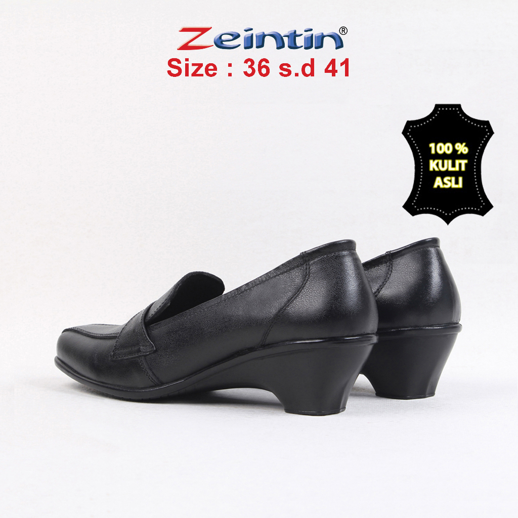 Zeintin - Sepatu Pantofel Wanita Bahan Kulit Sapi Asli Hitam Mengkilap Sepatu Kerja Kantor Wanita Brand Lokal Original Zeintin BJ