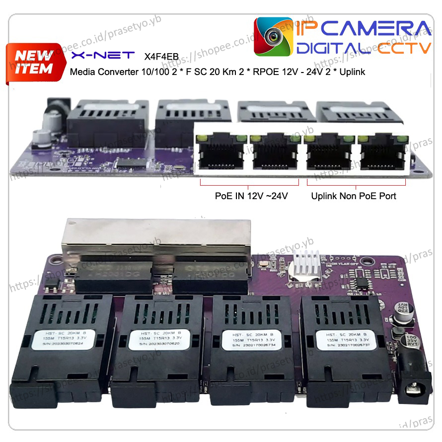 Media Converter 4 FO 4 LAN 4F2E 20 KM Megabit PoE / RPoE 12V~24V