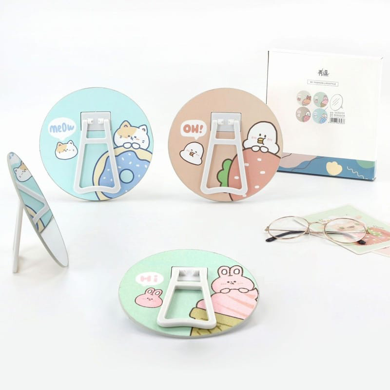 Cermin Lipat Persegi Portable Beauty Mirror Kaca Rias Make Up Mirror Standing meja / Mirror Aesthetic / Cermin Meja Karakter