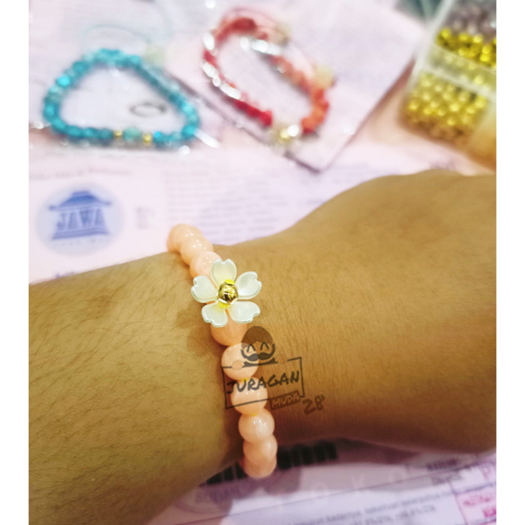 Gelang Tali Full Marmer dengan Bunga 1 Liontin Emas Asli karat 10k