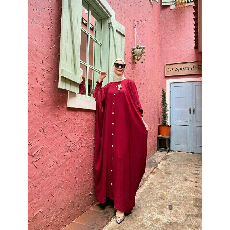 Gamis polos muslim warna coklat kuning merah marun polos button kaftan cewek fashion maxi dress baha