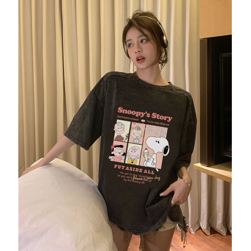 Kaos Oversize Wanita Import Retro Lengan Pendek Snoopy Cartoon Motif Printed T-shirt Washed Premium Kaos Wanita Kekinian