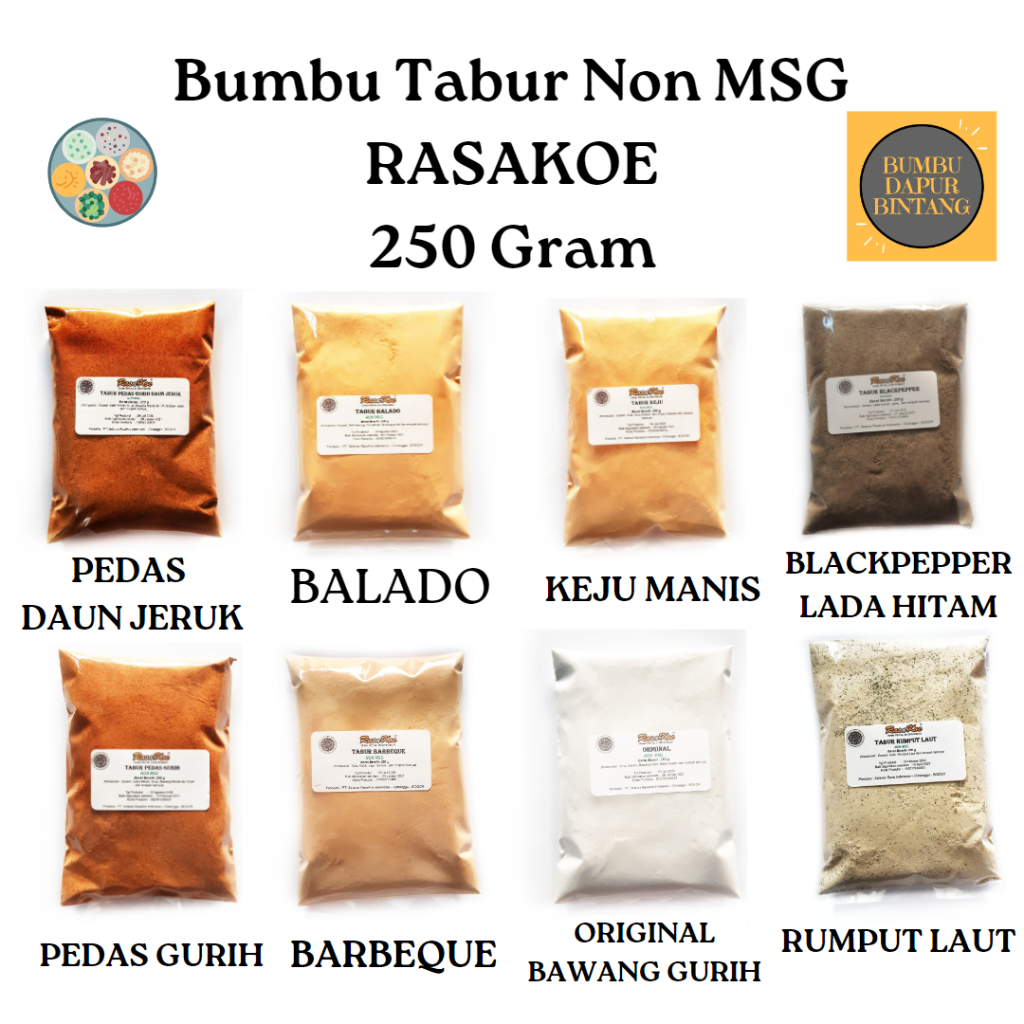 

Bumbu Tabur Non MSG 250 Gram Rasakoe Bumbudapurbintang Balado Barbeque Keju Pedas Gurih Daun Jeruk Rumput Laut Seaweed Blackpepper Lada Hitam Bawang urih Original