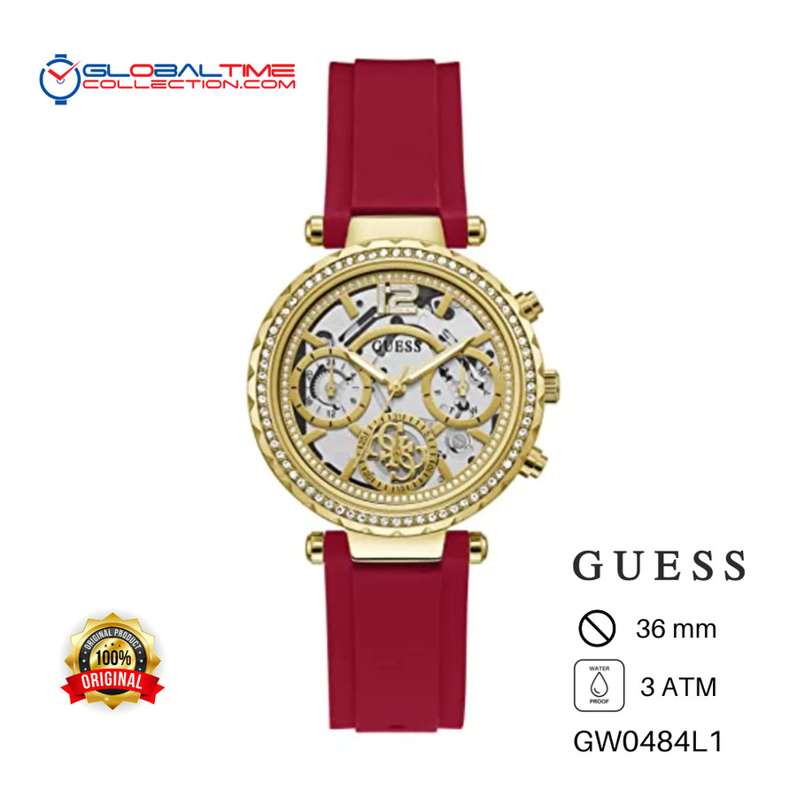 Jam Tangan Wanita GUESS GW0484L1 Rubber Strap Merah Bodi Gold