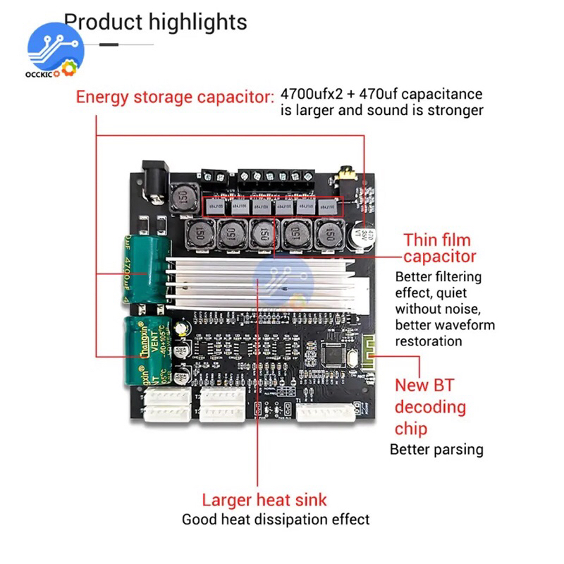 ZK-TB22P TPA3116D2 TWS Potentiometer External Connection 50W*2+100W 2.1 Channel BT 5.1 Audio Amplifier Power AMP  Wuzhi Audio