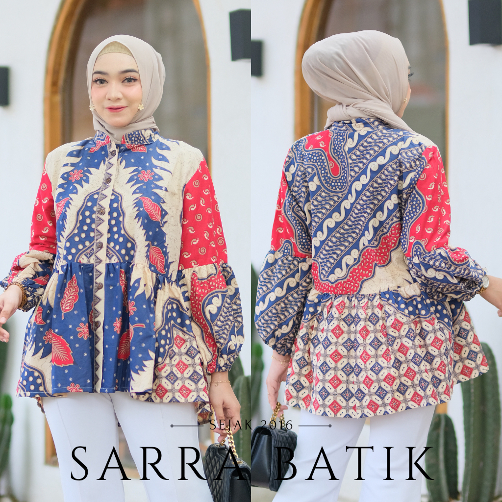 [PREMIUM] Blus Kasmaran Tribal Daun Batik Busui Peplum Flower Series Warna Soft Katun Atasan Kerja Casual Modern Solo