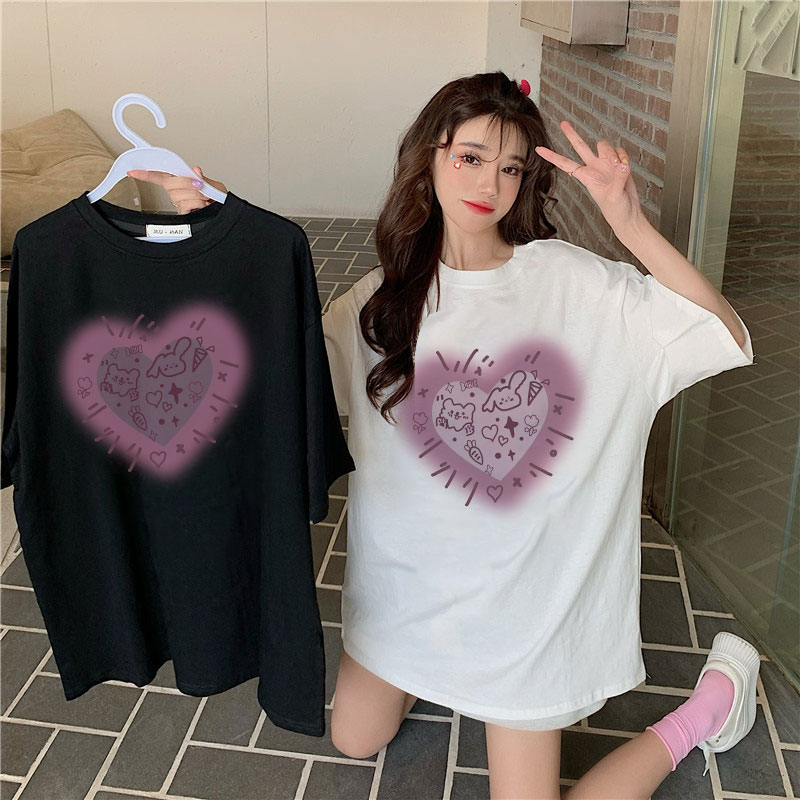 XiaoZhaiNv Kaos Atasan Oversize Wanita Pink Love Pattern Lengan Pendek A0571