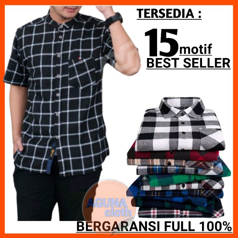 Kemeja Flanel Pendek Pria Motif Kotak Catur Abu Garis Hitam Merah Putih Bahan Katun Berkualitas Prem