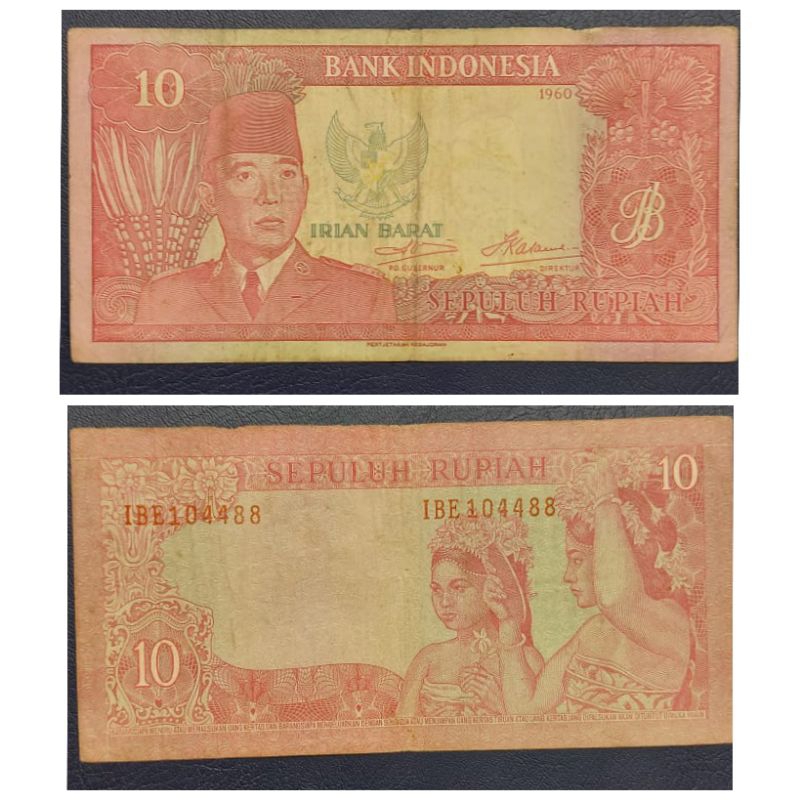 Uang Kuno Indonesia Series Sukarno Irian Barat IRBA 10 Rupiah 1960 Kondisi AXF Bagus Renyah tidak ku