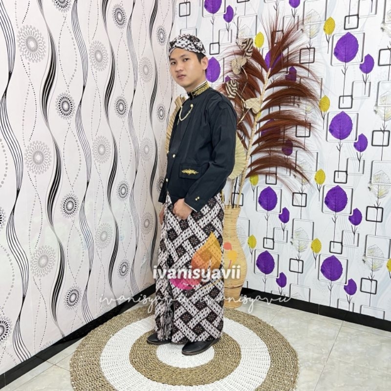 [1set] Baju Adat Jawa / Beskap, Jarik + Blangkon | Solo Bordir - Parang Matahari