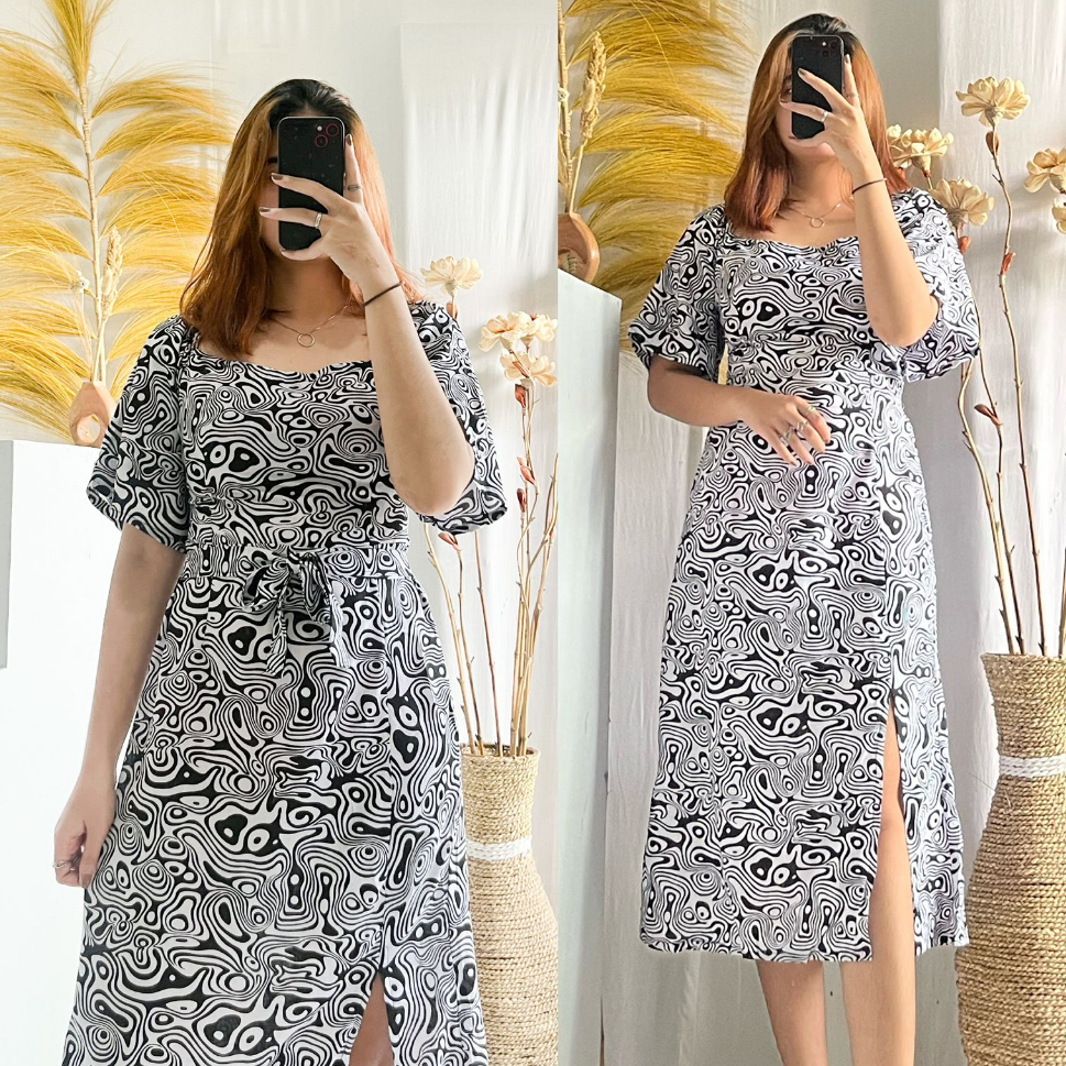 DRESS CASUAL TANGAN LONCENG RAYON MOTIF BALI // BAHAN ADEM DAN LEMBUT