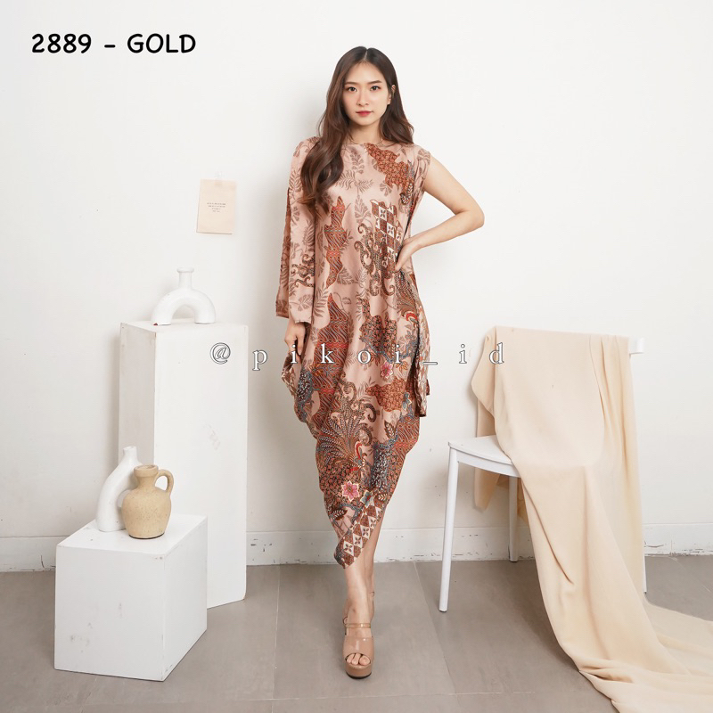 Dress batik v neck oversize / gamis batik wanita modern / dress batik pesta lengan pendek katun 2889