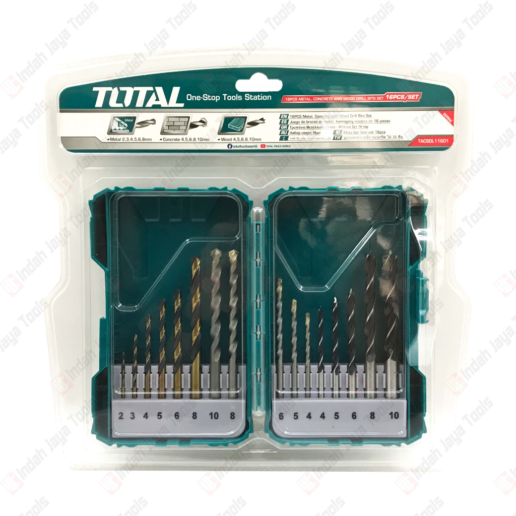 TOTAL 11601 Mata Bor Besi Beton Kayu Set 16 Pcs - HSS Drill Bits Set