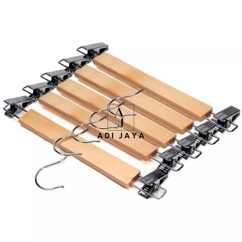 HANGER KAYU NATURAL CELANA DEWASA JEPIT BESI PAKET 12PCS/1 LUSIN