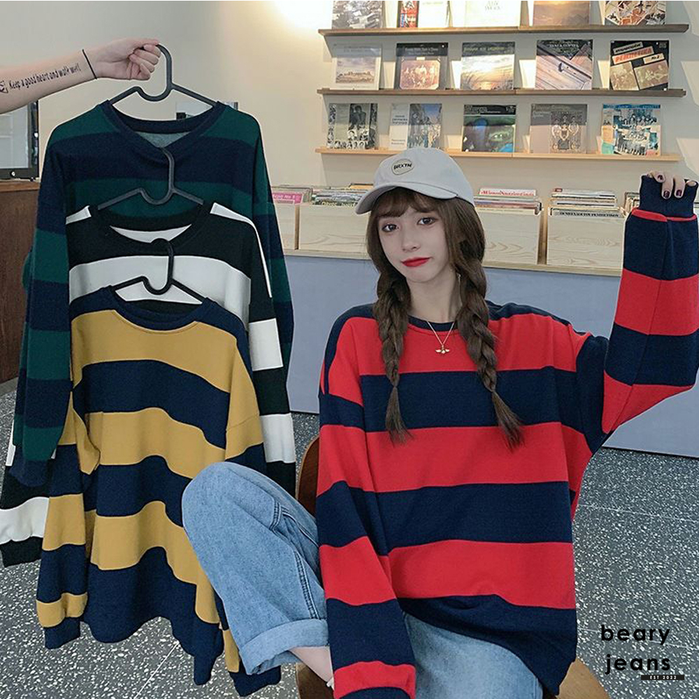 BEARYJEANS Korean Sweater Oversize Streetwear Hoddie Wanita Lengan Panjang Bergaris Vintage Premium Import - BJ072