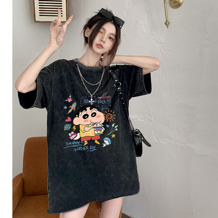 Baju Kaos Wanita Lengan Pendek Retro Oversize Crayon Shinchan Motif Printed T-shirt Import Kaos Hitam