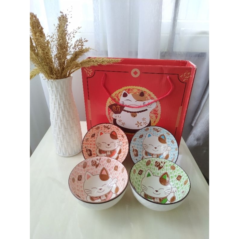 Set mangkok keramik unik lucky cat/set mangkok jepang/set peralatan makan
