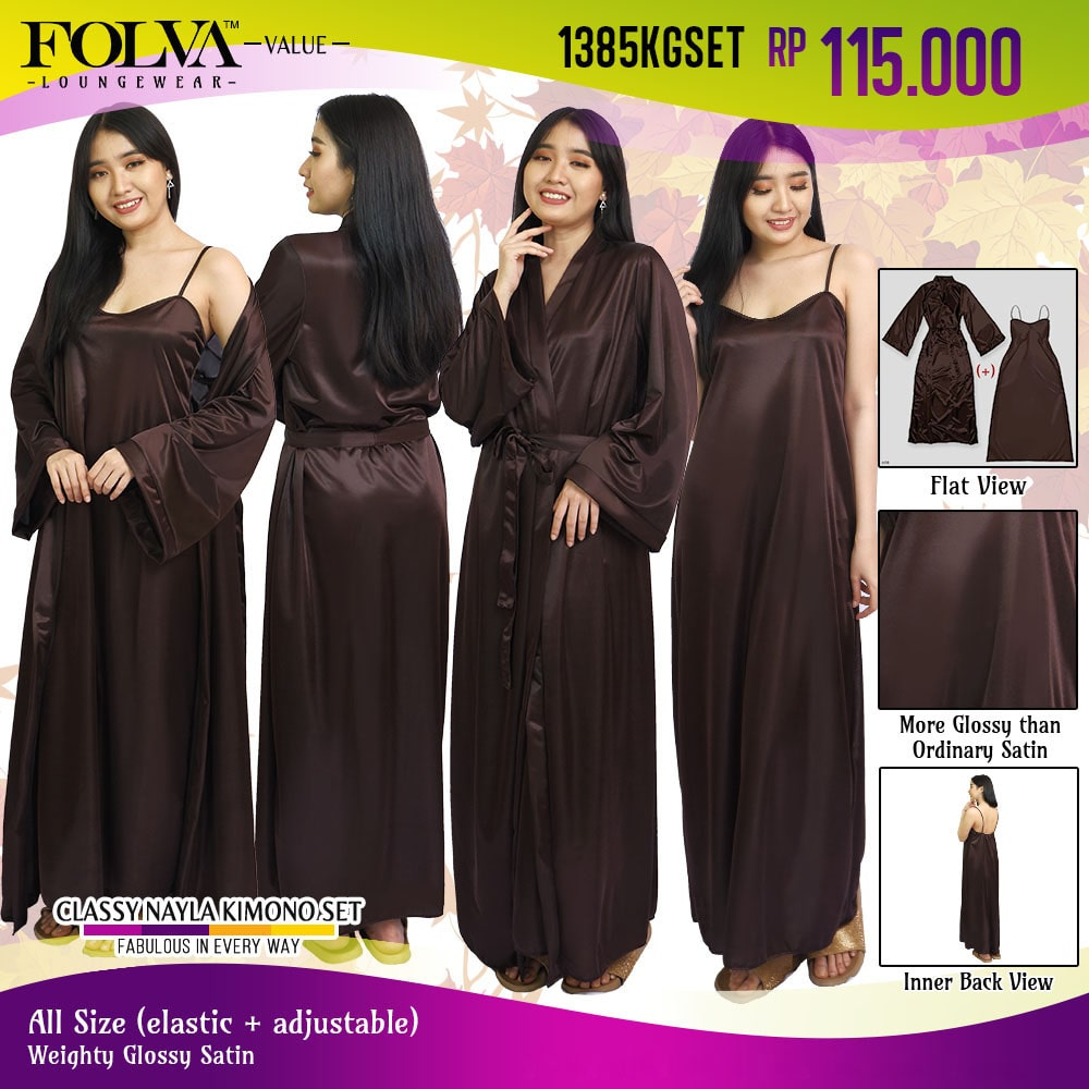 FOLVA kimono set baju tidur satin 1385KGSET coklat all size