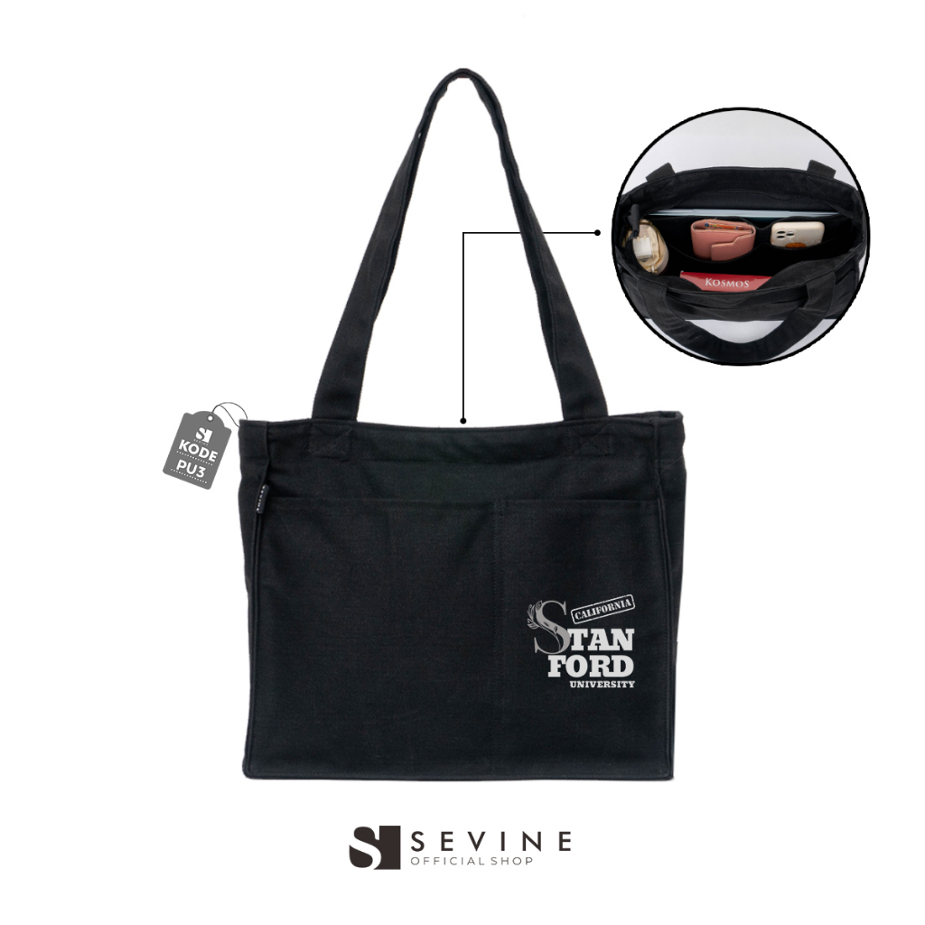 Sevine Totebag Kanvas Rebecca Tas Wanita Tote Bag Top Universitas Kuliah Sekolah Sekat Laptop Hitam Tebal Elegan Korea Aesthetic - PU