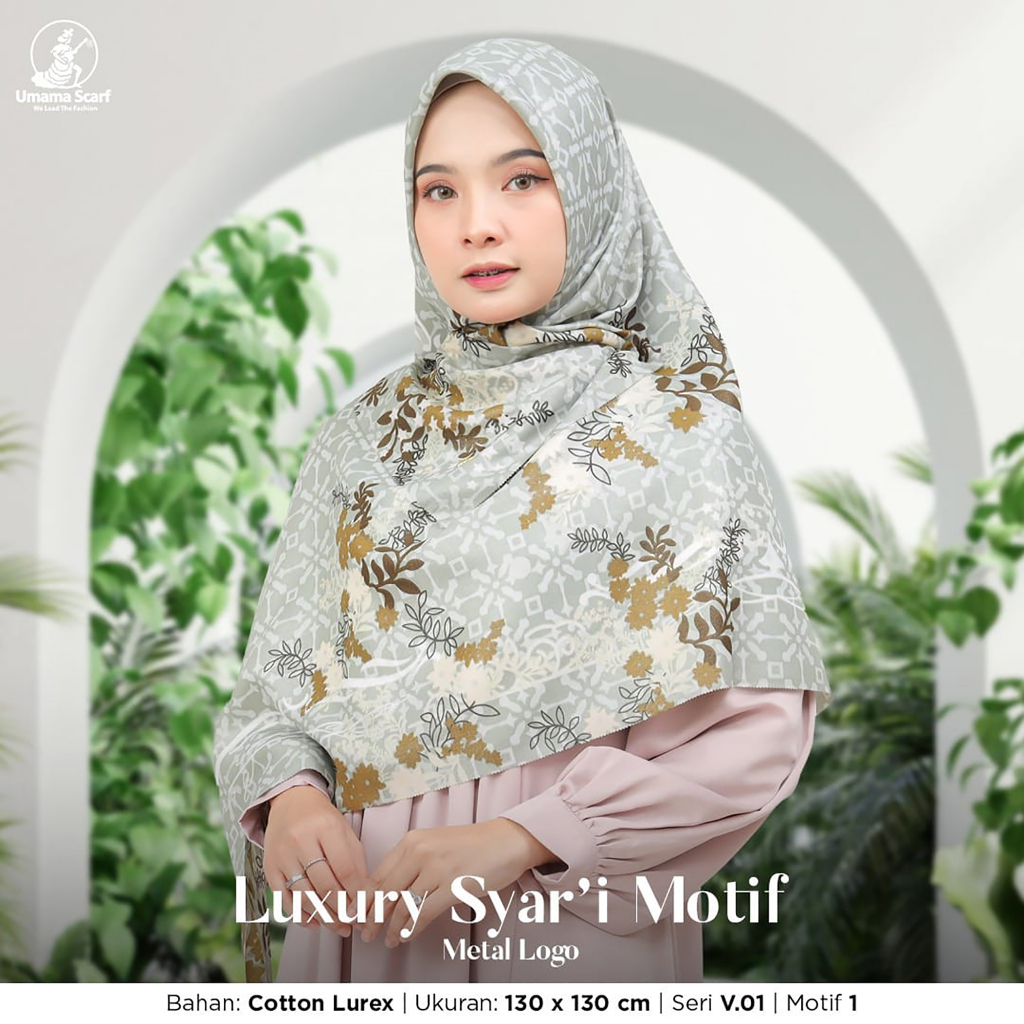 Jilbab Segiempat Syari  LUXURY PRINT Motif UMAMA LC 130 x 130 cm  kode SA metal logo bahan Cotton Lurex Glamour original PREMIUM