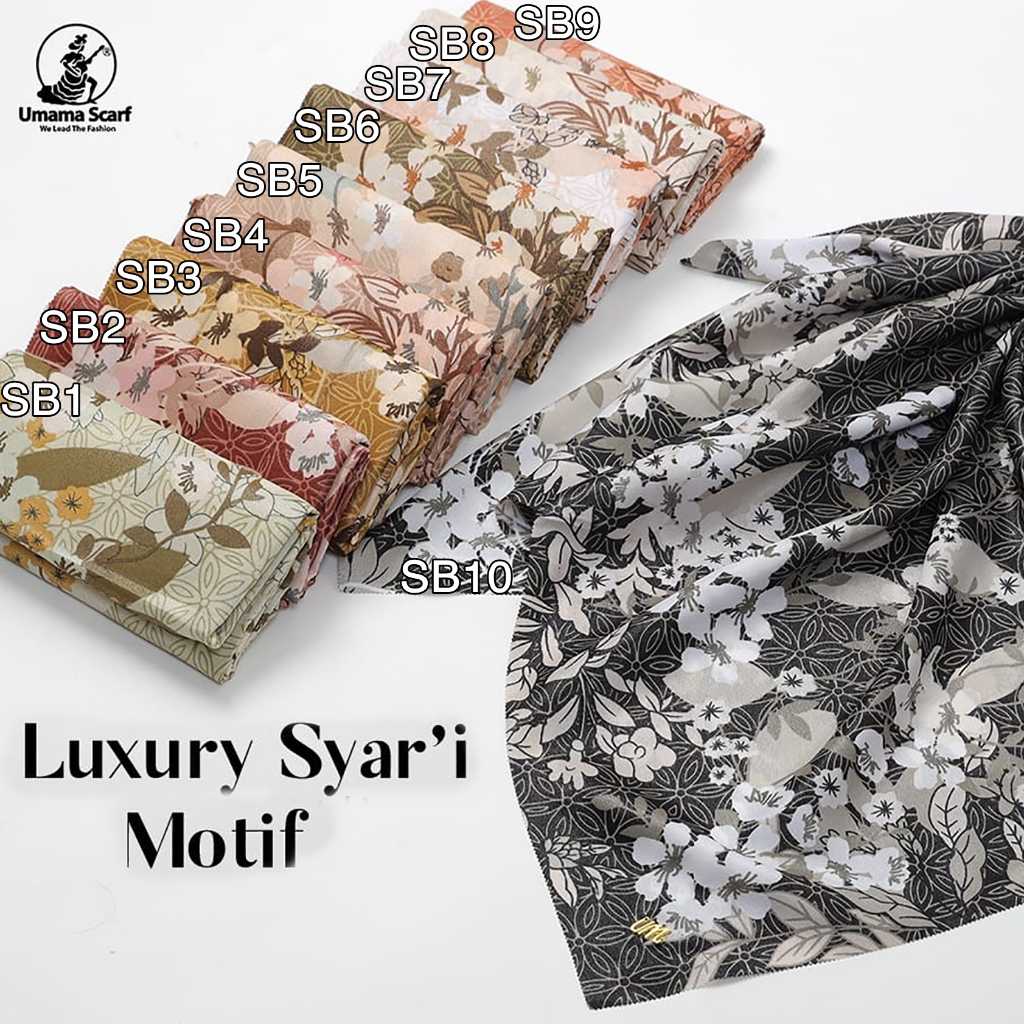 Jilbab Segiempat Syari  LUXURY PRINT Motif UMAMA LC 130 x 130 cm  kode SB metal logo bahan Cotton Lurex Glamour original PREMIUM