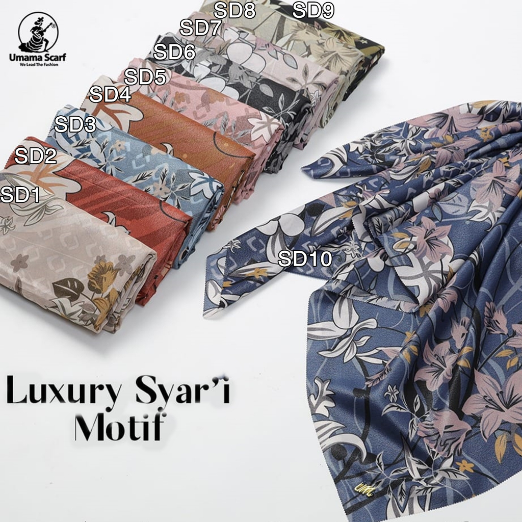 Jilbab Segiempat Syari  LUXURY PRINT Motif UMAMA LC 130 x 130 cm  kode SD metal logo bahan Cotton Lurex Glamour original PREMIUM