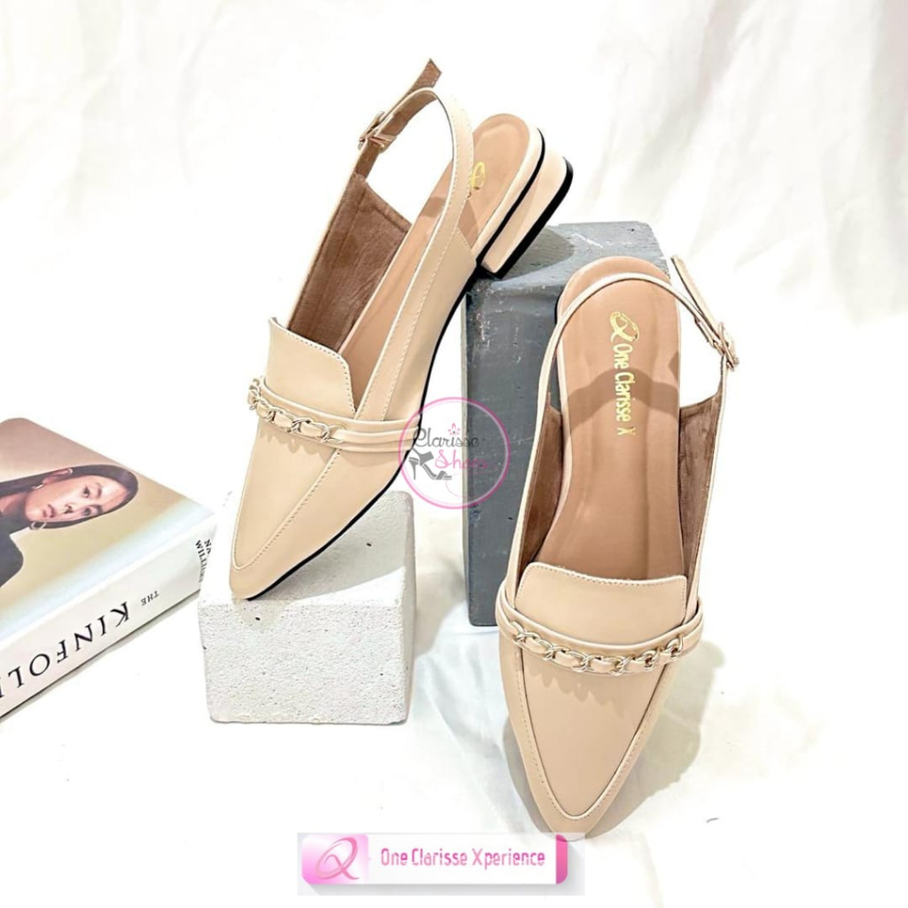 7.7 CLARISSE MANDA Sepatu Heels Wanita Mules Tali Hak 2 CM Slip on Rantai