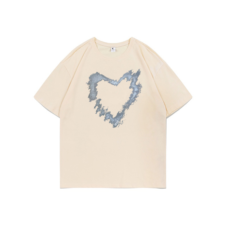 XiaoZhaiNv Kaos Atasan Oversize Wanita Smoke Heart Pattern Lengan Pendek A0857