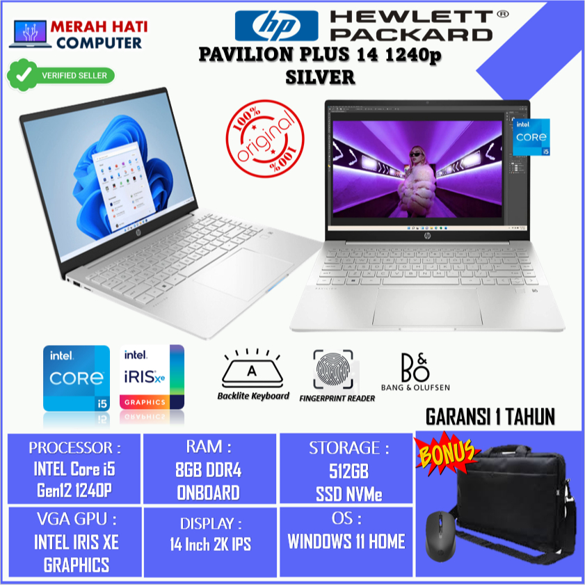 Laptop Terbaru Ringan HP Pavilion Plus 14 Intel i5 1240P 8GB 512GB IRIS XE 14 Inch 2K Backlite Fingerprint WIN11 Silver