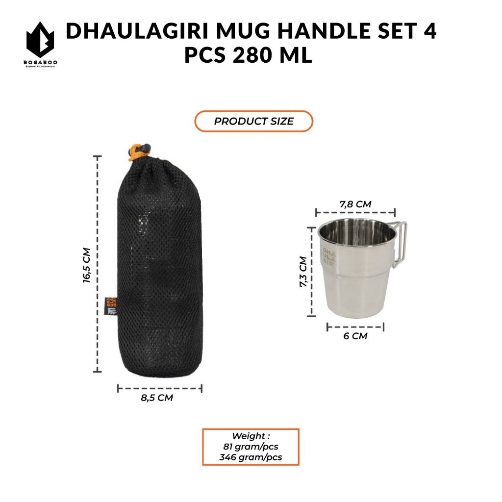 Dhaulagiri mug handle 4 set 280 mal - Coffe Cup Set Stainless Double Wall - gelas