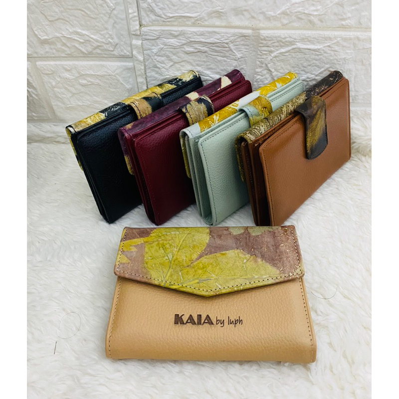 VIBES luph x tinbee dompet lipat wanita unik kulit sapi asli ecoprint medium