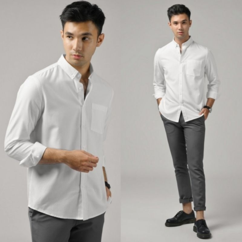 Kemeja Polos Pria Slimfit Lengan Panjang Putih Kancing Putih Distro Formal Casual Bahan Katun Premium Size M L XL XXL XXXL