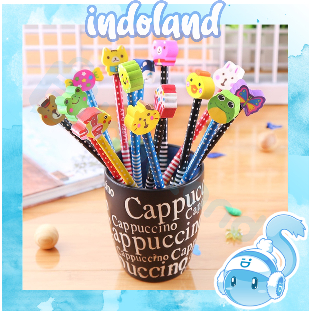 

☀ INDOLAND ☀ Pensil Pencil Dengan Penghapus Muka Karakter Souvenir Kado Stationary Alat Tulis S060