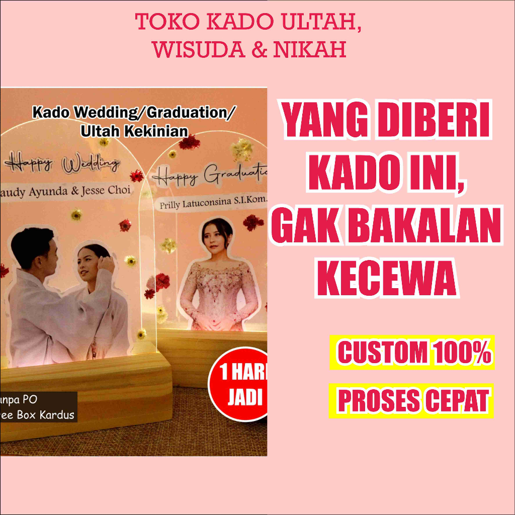 Kado Akrilik Led Custom Foto Estetik untuk Kado Wisuda Graduation Pernikahan: Hadiah Spesial Ulang Tahun yang Mengesankan Untuk Pacar Teman Cewek Wanita Cowok Cewek dengan Lampu Hias 3D Extra Paking Aman