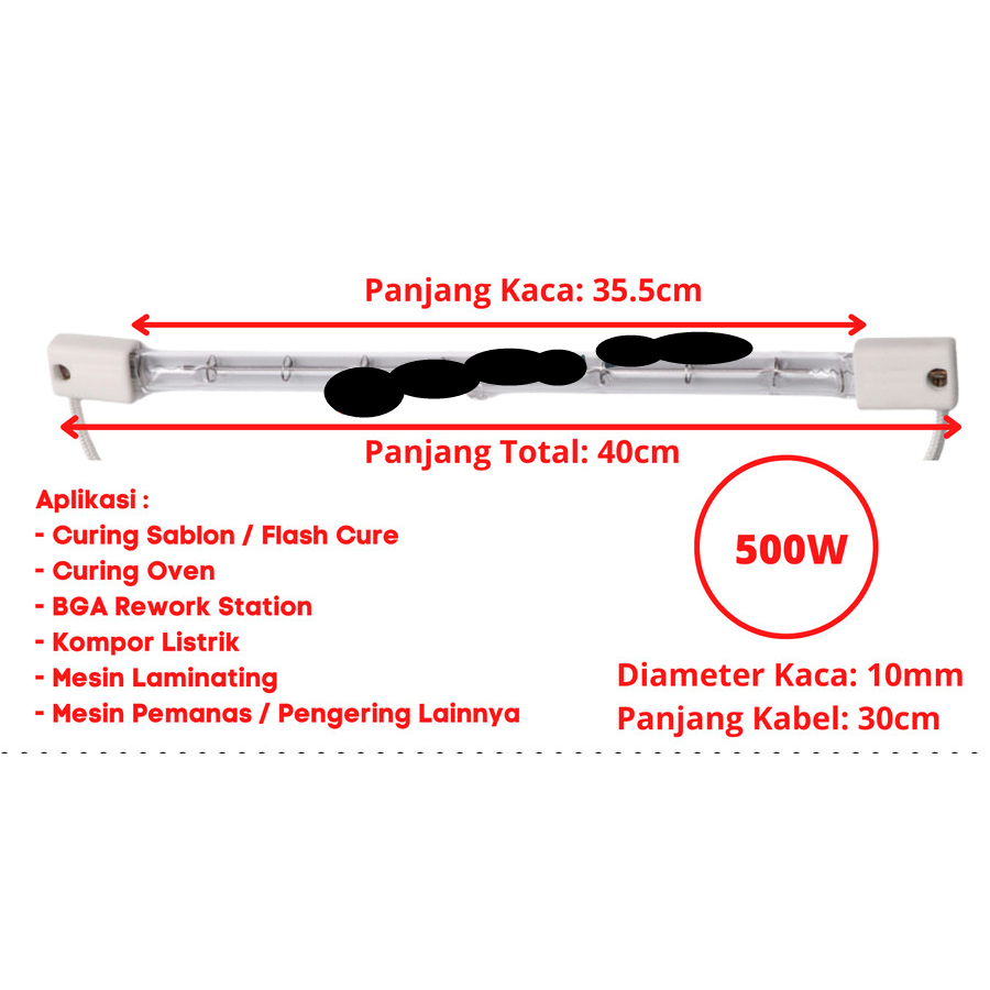 Lampu Halogen Lamp 220V AC 40CM 500W Infrared Pemanas Heater