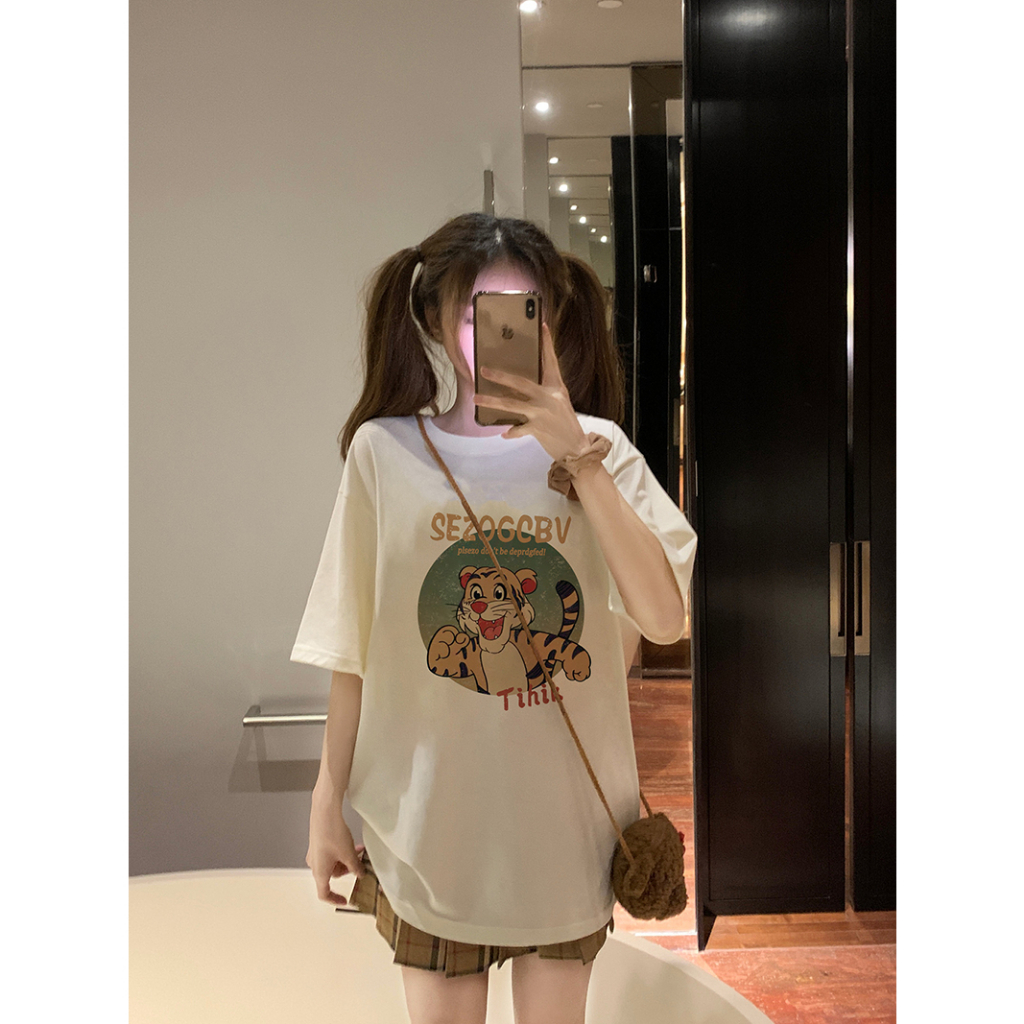 EUNII T-shirt Lengan Pendek Cartoon Tigger Printing Korean Style/Kaos Atasan Wanita/Baju Wanita/Kaos Wanita