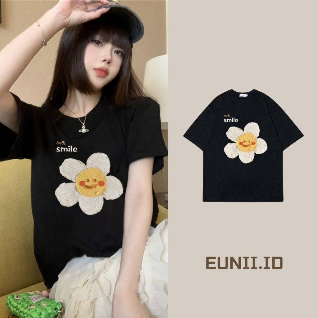 EUNII T-shirt Lengan Pendek Cute Sun Flower Printing Korean Style/Kaos Atasan Wanita/Baju Wanita/Kaos Wanita