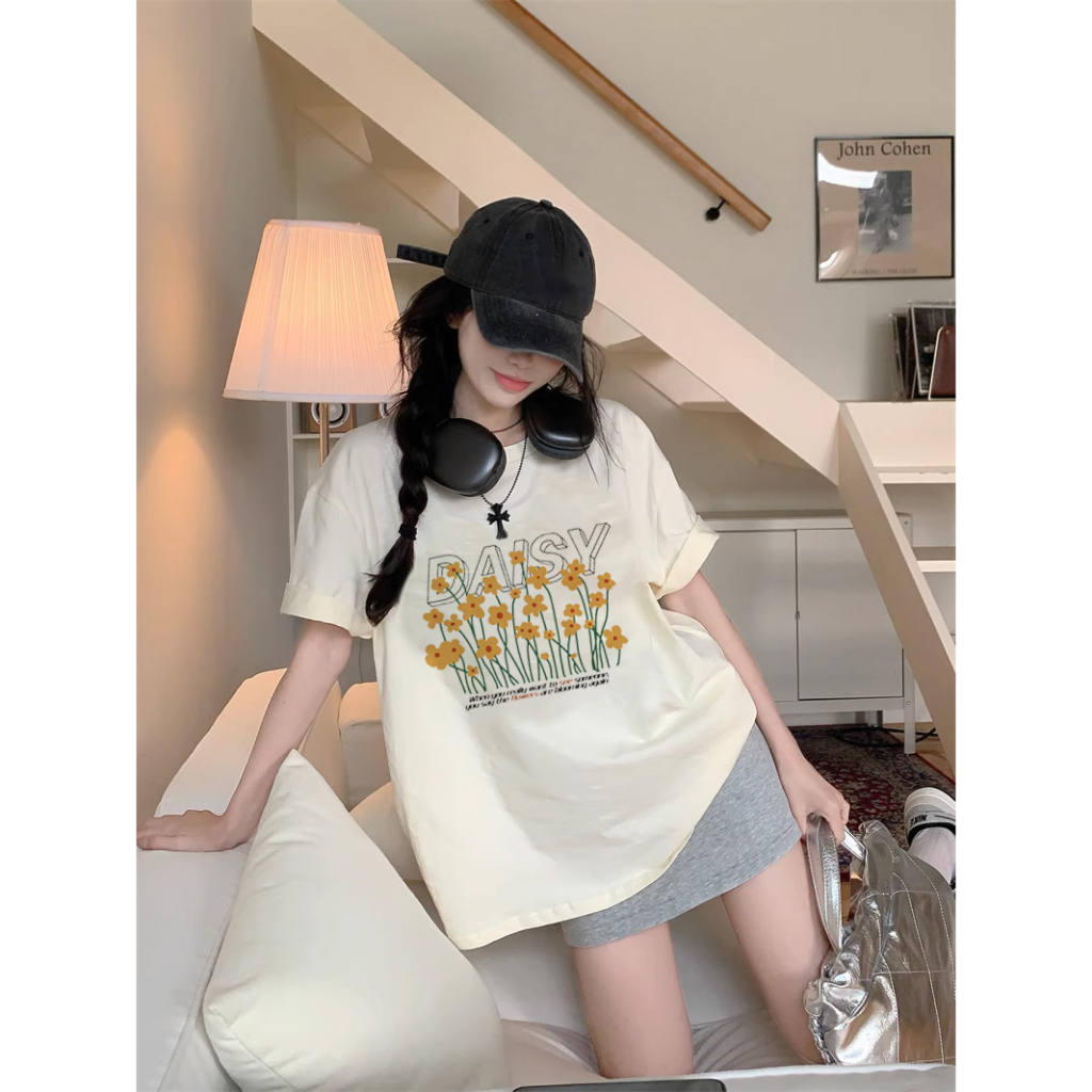 EUNII T-shirt Lengan Pendek Yellow Flowers Printing Korean Style/Kaos Atasan Wanita/Baju Wanita/Kaos Wanita
