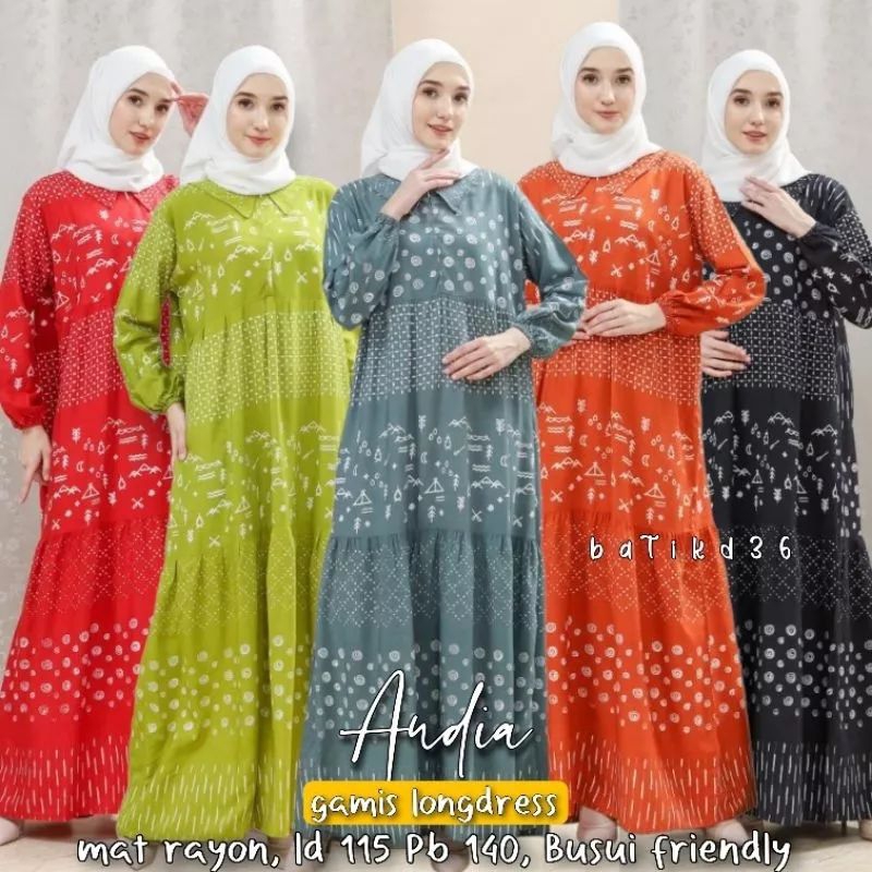 Gamis wanita kerah turtle longdress New Andia Motif truntum susun ccok untuk ibu remaja Kekinian