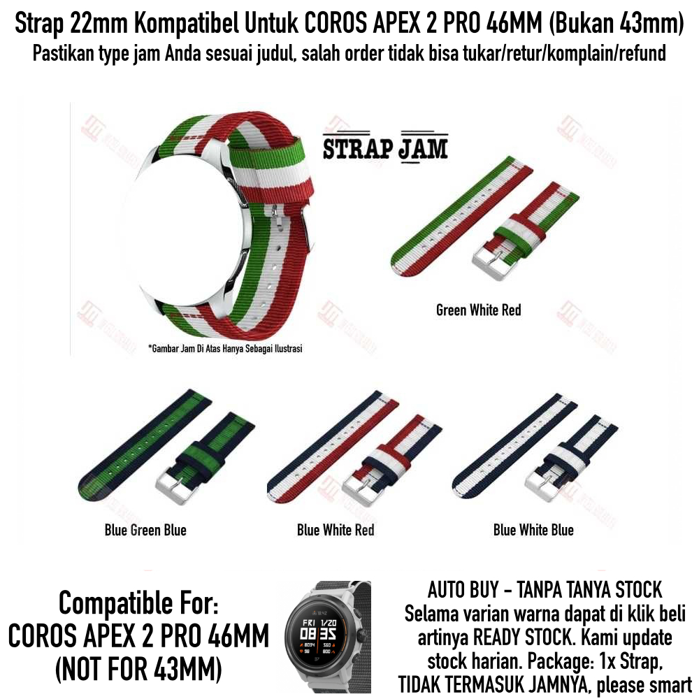 Tali Jam Tangan Coros Apex 2 Pro 46mm - Strap 22mm Nylon Nilon 3 Baris Warna Quick Release