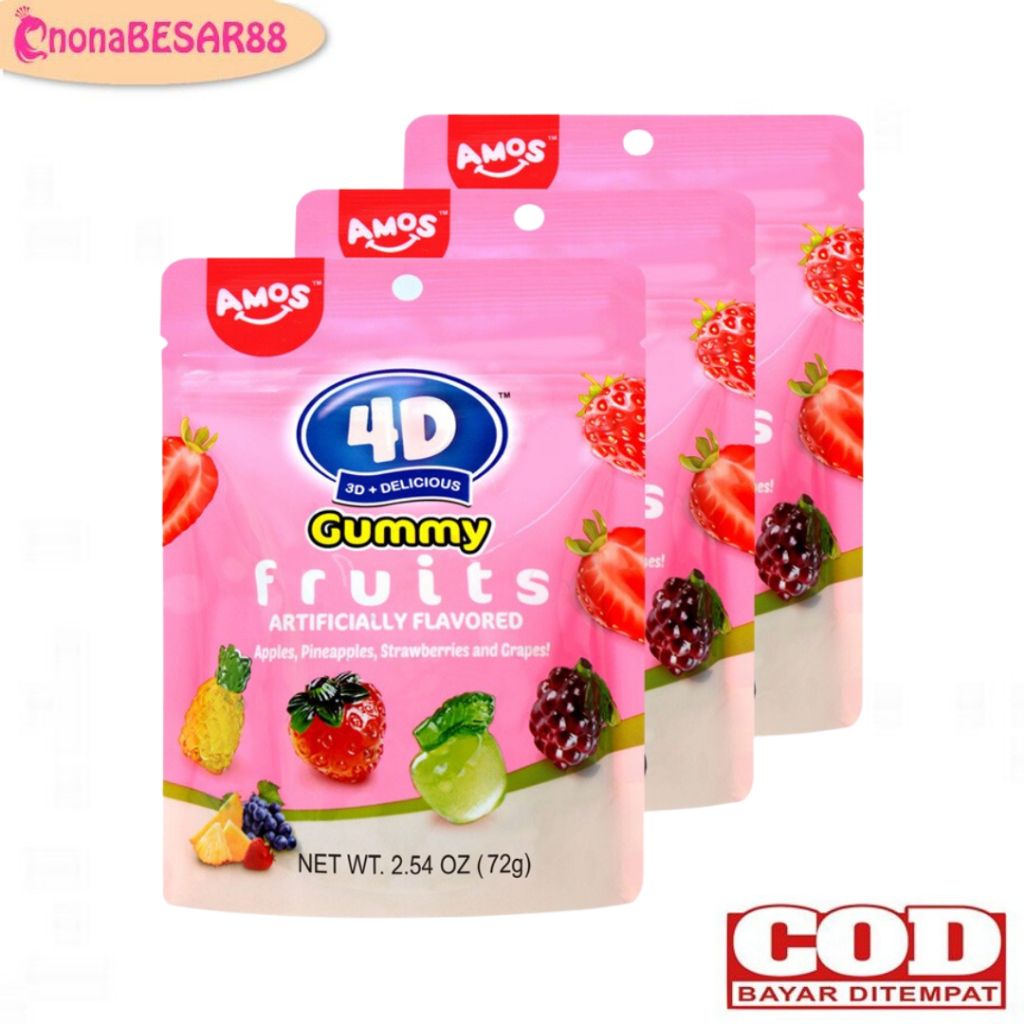 

Amos 4D Gummy Fruits 72gr / Permen Lunak / Permen Jelly Buah / Permen Bentuk Buah