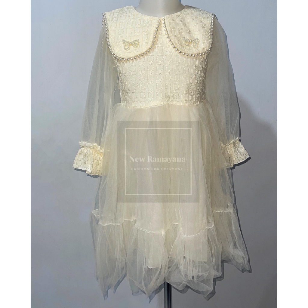 Dress Anak Korea Motif Brokat Tile Import Kerah Pita Mutiara