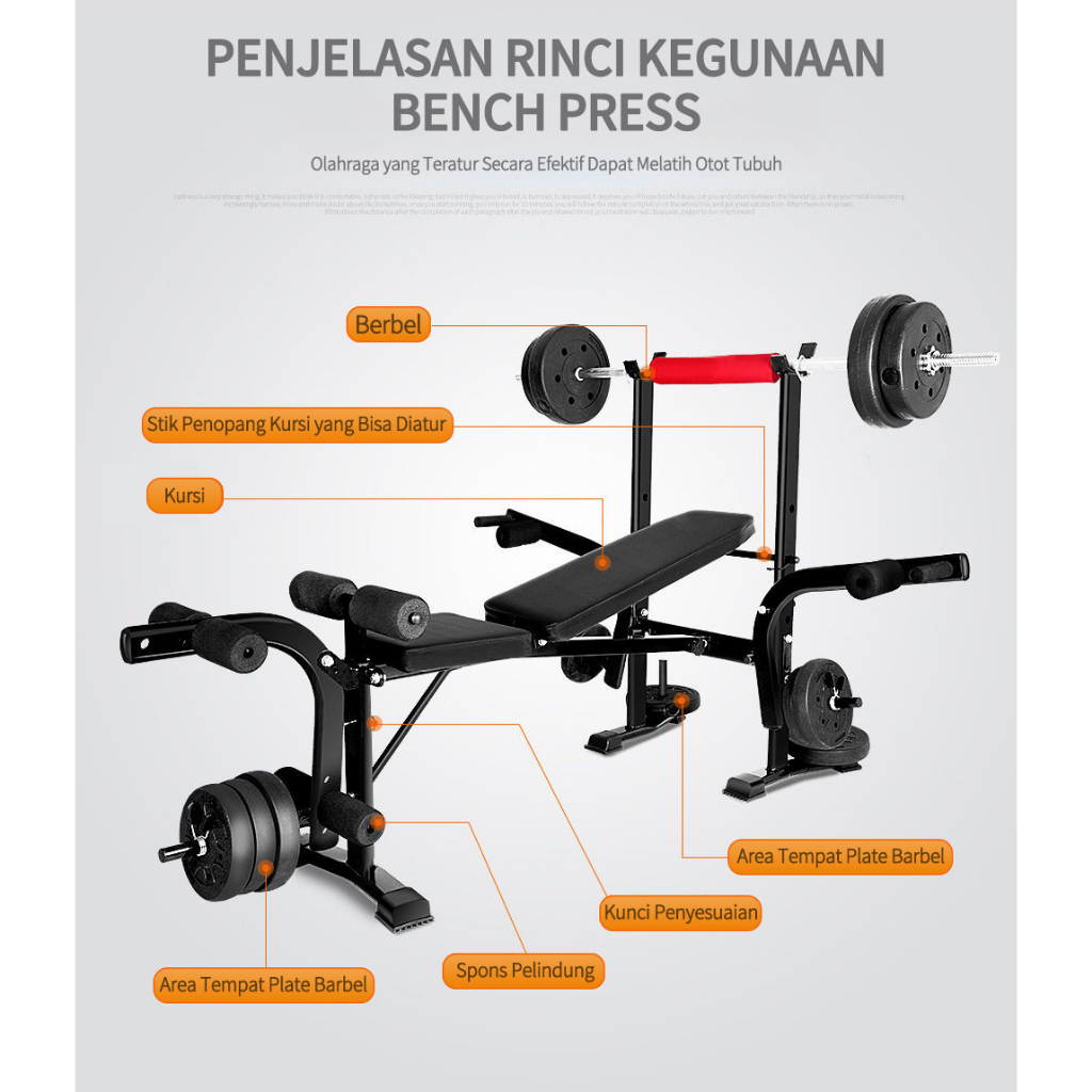 Bench Press Besa Adjustable Multi Gym Weight Bench Barbell Alat Olahraga Rumahan Fitness