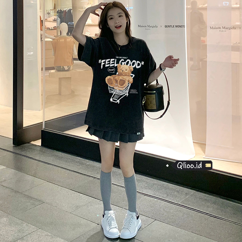 Print Washed T-shirt Kaos Lengan Pendek Oversize Cartoon Shopping Bear Korean Style Atasan Wanita